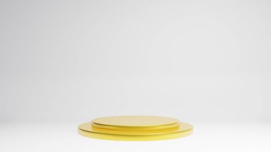 Şimdiki ürün 3D görüntüleme için beyaz zemin üzerinde altın sahne