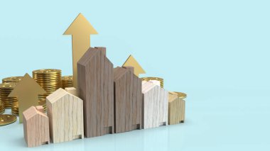 Mülkiyet içeriği 3d renderin altın madeni paralar üzerinde ahşap ev