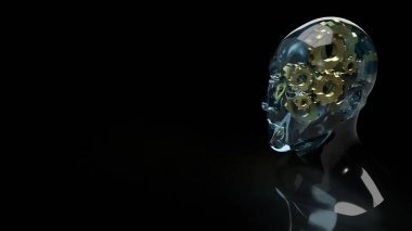 human head crystal and gold gear inside for symbol idea content 3d rendering