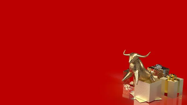 Gold Bull Gift Box Red Background Business Concept Rendering — Stock Photo, Image