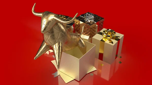 Gold Bull Gift Box Red Background Business Concept Rendering — Stock Photo, Image