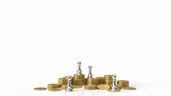 Ασημένιο Σκάκι Και Χρυσά Νομίσματα Λευκό Φόντο Για Επιχειρηματική Ιδέα — Φωτογραφία Αρχείου