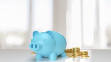 Mavi domuz kumbarası beyaz masada ve altın sikkeler tasarruf için ya da iş konsepti 3D yorumlama