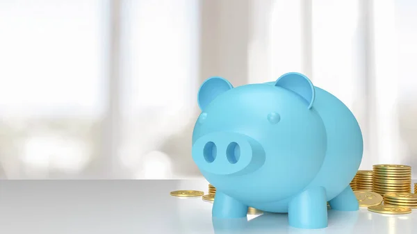 Blue Piggy Bank White Table Gold Coins Saving Business Concept — Stock Photo, Image