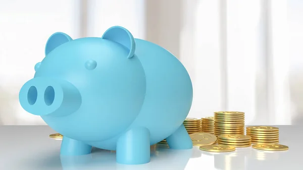 Blue Piggy Bank White Table Gold Coins Saving Business Concept — Stock Photo, Image