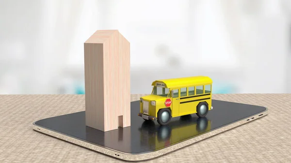 Autobús Escolar Casa Madera Tableta Para Concepto Educación Renderin — Foto de Stock