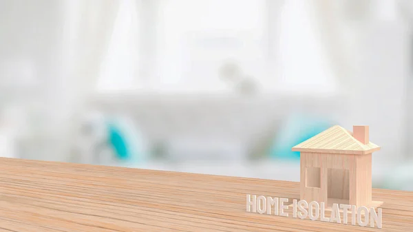 The home on wood table for  home isolation concept 3d rendering