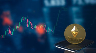 Şifreleme konsepti için tablet üzerindeki ethereum madeni para 3D oluşturma.