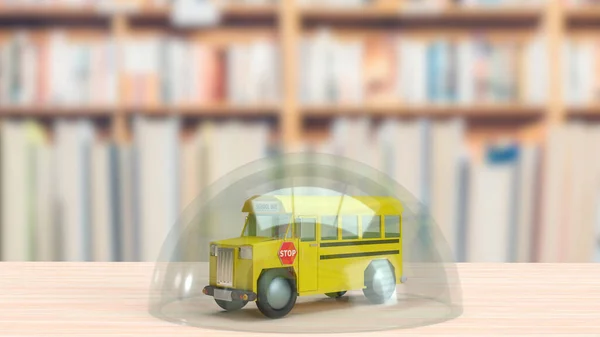 Ônibus Escolar Cúpula Vidro Mesa Madeira Para Educação Conceito Surtos — Fotografia de Stock