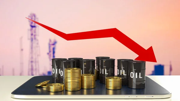 Die Öltanks Und Goldmünzen Auf Tablette Für Erdöl Geschäftskonzept Renderin — Stockfoto
