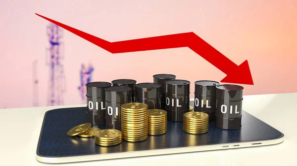 Die Öltanks Und Goldmünzen Auf Tablette Für Erdöl Geschäftskonzept Renderin — Stockfoto