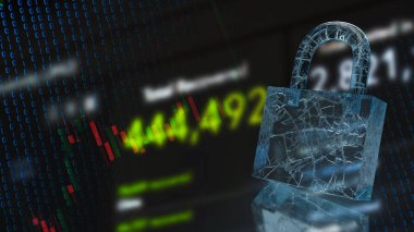 3D renderin güvenlik konsepti için kilit ve iş geçmişi