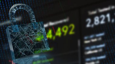 3D renderin güvenlik konsepti için kilit ve iş geçmişi