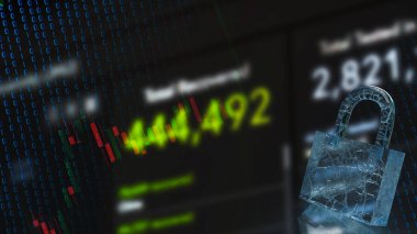 3D renderin güvenlik konsepti için kilit ve iş geçmişi