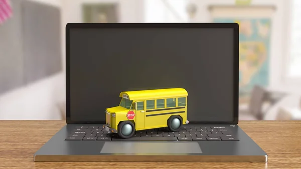 Iskolabusz Laptop Learning Koncepció Renderelés — Stock Fotó
