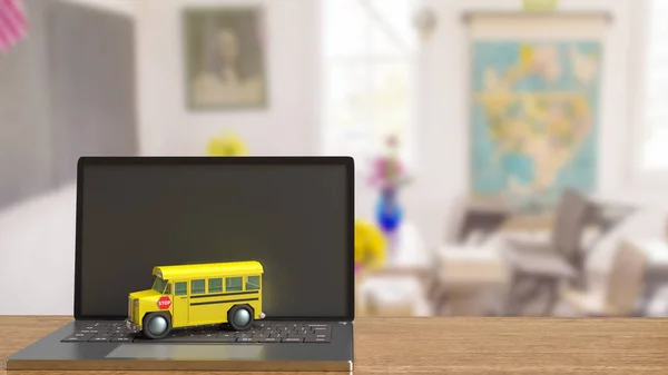 The school bus on laptop for e learning concept 3d rendering