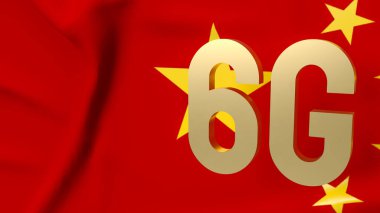 Teknoloji veya iletişim konsepti 3D sunumu için Çin bayrağına 6g altın