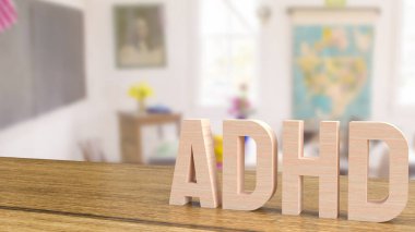 Tıp veya eğitim konsepti için sınıftaki masanın üzerindeki ahşap metin 3D yorumlama