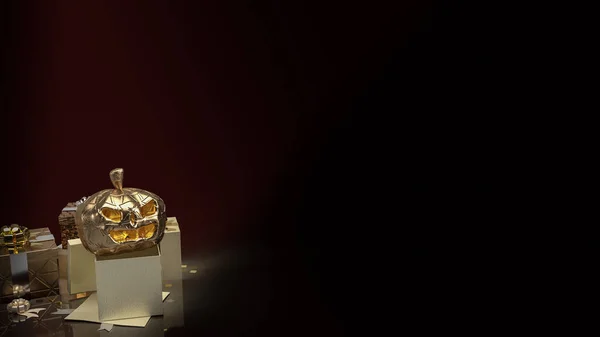 ハロウィンのコンセプトのための暗いトーンでゴールドカボチャのランタンとギフトボックス3Dレンダリング — ストック写真