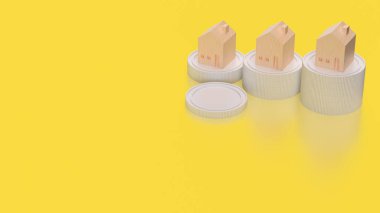 Özellik ya da Bina Konsepti 3D Render İçin Sarı Arkaplanda Ahşap Ev.