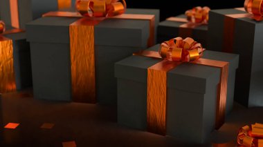 Parlak turuncu kurdele ve fiyonklu lüks siyah hediye kutuları, kutlama, Noel veya özel durumlar için zarif bayram hediyeleri, sıcak ışık alan premium arka plan.
