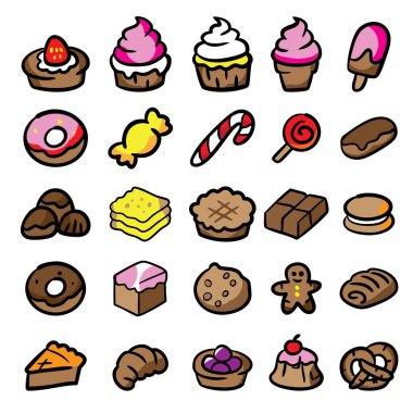 Tatlı el çizimi tatlılar, çörekler, kurabiyeler, çikolatalar, pastalar ve tatlılar, pastane tasarımı, ambalajlar, çıkartmalar ve eğlenceli yemek çizimleri için mükemmel.