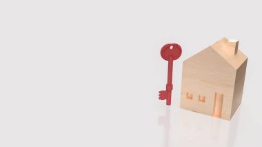Beyaz arka planda kırmızı anahtar ve altın sikkeye sahip ahşap ev modeli, emlak yatırımını, ev sahipliği, ipotek, emlak finansmanı ve yeni bir ev için biriktirmeyi simgeliyor..