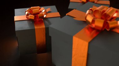 Parlak turuncu kurdele ve fiyonklu lüks siyah hediye kutuları, kutlama, Noel veya özel durumlar için zarif bayram hediyeleri, sıcak ışık alan premium arka plan.