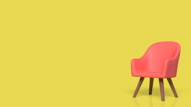 Parlak sarı arka planda tahta bacaklı kırmızı modern koltuk, minimalist iç tasarım konsepti, ev dekorasyonu, oturma odası veya çağdaş yaşam tarzı reklamcılığı için şık mobilyalar..
