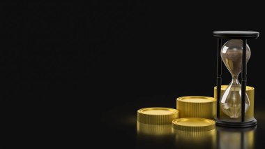 Yığılmış altın sikkelerin yanında akan kum saati, zaman değerini, mali büyümeyi, yatırım planlamasını, tasarruf stratejisini ve uzun vadeli servet oluşturmayı sembolize eder..