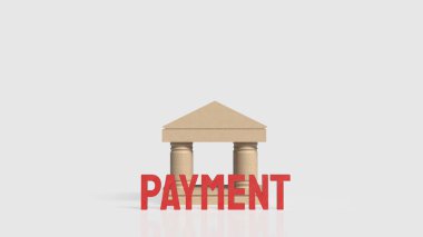 Klasik bir banka simgesi önünde kırmızı Ödeme metni, finansal işlemleri, bankacılık hizmetlerini, güvenli ödemeleri ve modern ekonomik işlemleri sembolize eder.