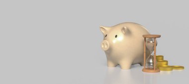 Temiz bir arka planda kumbara ve altın sikkelerin yanında, tasarruf, mali planlama, zaman yatırımı ve uzun vadeli zenginlik büyümesini sembolize ediyor.