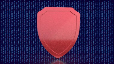 İkili kod arka planı üzerinde kırmızı güvenlik kalkanı, modern teknoloji ortamında siber güvenliği, veri korumasını, dijital mahremiyeti, şifrelemeyi ve çevrimiçi güvenliği simgeliyor.