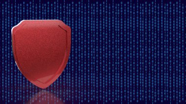 İkili kod arka planı üzerinde kırmızı güvenlik kalkanı, modern teknoloji ortamında siber güvenliği, veri korumasını, dijital mahremiyeti, şifrelemeyi ve çevrimiçi güvenliği simgeliyor.