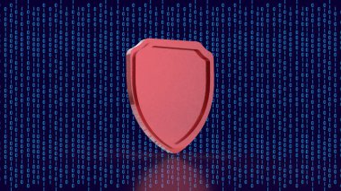 İkili kod arka planı üzerinde kırmızı güvenlik kalkanı, modern teknoloji ortamında siber güvenliği, veri korumasını, dijital mahremiyeti, şifrelemeyi ve çevrimiçi güvenliği simgeliyor.