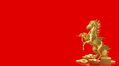 Eski altın külçeler ve altın sikkelerle çevrili heybetli altın bir at canlı kırmızı bir zemin üzerinde, refahı, gücü, serveti ve Yeni Yıl temasını sembolize eder..