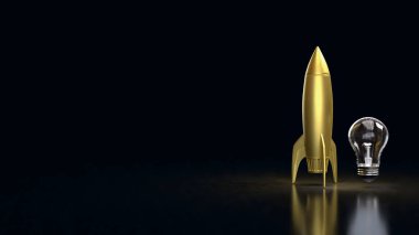 Karanlık bir arkaplanda, yenilik, başlangıç büyümesi, yaratıcılık, yeni fikirler, teknoloji gelişimi ve başarılı projeleri temsil eden açık bir ampulün yanında bir altın roket..