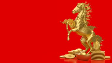 Eski altın külçeler ve altın sikkelerle çevrili heybetli altın bir at canlı kırmızı bir zemin üzerinde, refahı, gücü, serveti ve Yeni Yıl temasını sembolize eder..