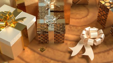 Altın ve gümüşe sarılı hediye kutuları sıcak altın bir yüzey üzerinde dekoratif yaylar, kutlama, lüks, tatil ve şenlik için sembolize ediliyor..