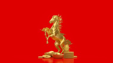 Eski altın külçeler ve altın sikkelerle çevrili heybetli altın bir at canlı kırmızı bir zemin üzerinde, refahı, gücü, serveti ve Yeni Yıl temasını sembolize eder..