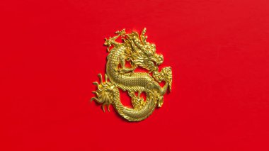 Altın Çin ejderhası cesur kırmızı bir arkaplanda güç, refah, gelenek ve kültürel kutlamayı sembolize ediyor. Festival ve Asya temalı tasarımlar için ideal.