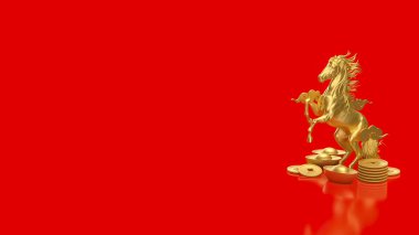 Eski altın külçeler ve altın sikkelerle çevrili heybetli altın bir at canlı kırmızı bir zemin üzerinde, refahı, gücü, serveti ve Yeni Yıl temasını sembolize eder..