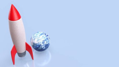 Yumuşak mavi arka planda, küçük bir Dünya küresinin yanında duran parlak kırmızı ve beyaz bir roket, keşfi, yaratıcılığı, yeniliği ve gelecekteki uzay maceralarını simgeliyor..