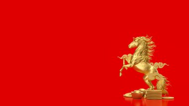 Eski altın külçeler ve altın sikkelerle çevrili heybetli altın bir at canlı kırmızı bir zemin üzerinde, refahı, gücü, serveti ve Yeni Yıl temasını sembolize eder..