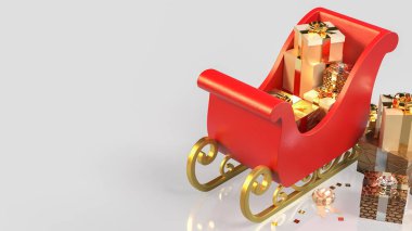 Parlak altın hediyelerle dolu kırmızı bir Noel kızağı, bayram neşesini, kutlamaları, kış büyüsünü ve mevsimlik hediyeleri simgeliyor..