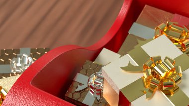 Şenlikli kırmızı bir kapta düzenlenmiş altın ve gümüş hediye kutuları, kutlama, lüks, tatil ve neşe verici hediyeleri simgeliyor..