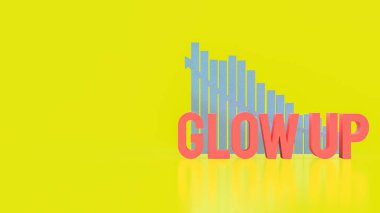 Alçalan bir çubuk grafiği ile kalın GLOW UP metni dönüşümü, kişisel büyümeyi, gelişmeyi ve zorluklara rağmen yükselen potansiyeli sembolize eder, parlak bir minimalist tasarımda
