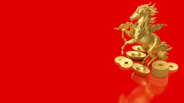 Eski altın külçeler ve altın sikkelerle çevrili heybetli altın bir at canlı kırmızı bir zemin üzerinde, refahı, gücü, serveti ve Yeni Yıl temasını sembolize eder..