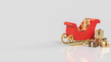 Parlak altın hediyelerle dolu kırmızı bir Noel kızağı, bayram neşesini, kutlamaları, kış büyüsünü ve mevsimlik hediyeleri simgeliyor..