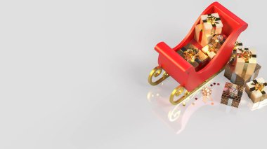 Parlak altın hediyelerle dolu kırmızı bir Noel kızağı, bayram neşesini, kutlamaları, kış büyüsünü ve mevsimlik hediyeleri simgeliyor..